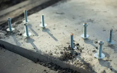 Kilka metalowych kotew z podkładkami i nakrętkami osadzonych w betonie.