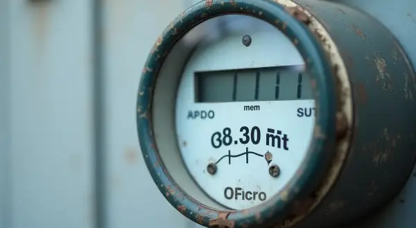 Zbliżenie na licznik gazu z cyfrowym wyświetlaczem pokazującym 38.30 m³.